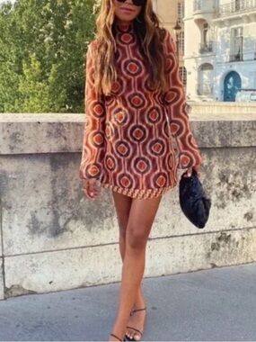ZARA Organza Long Sleeve Retro Geo-Print Orange Mini Dress LARGE Bloggers Fav